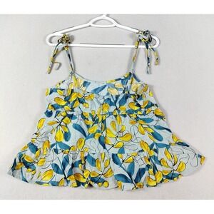 Mine Tank Top Cami Medium Blue Yellow Floral Tie Strap Ruffle Boho Casual Flowy
